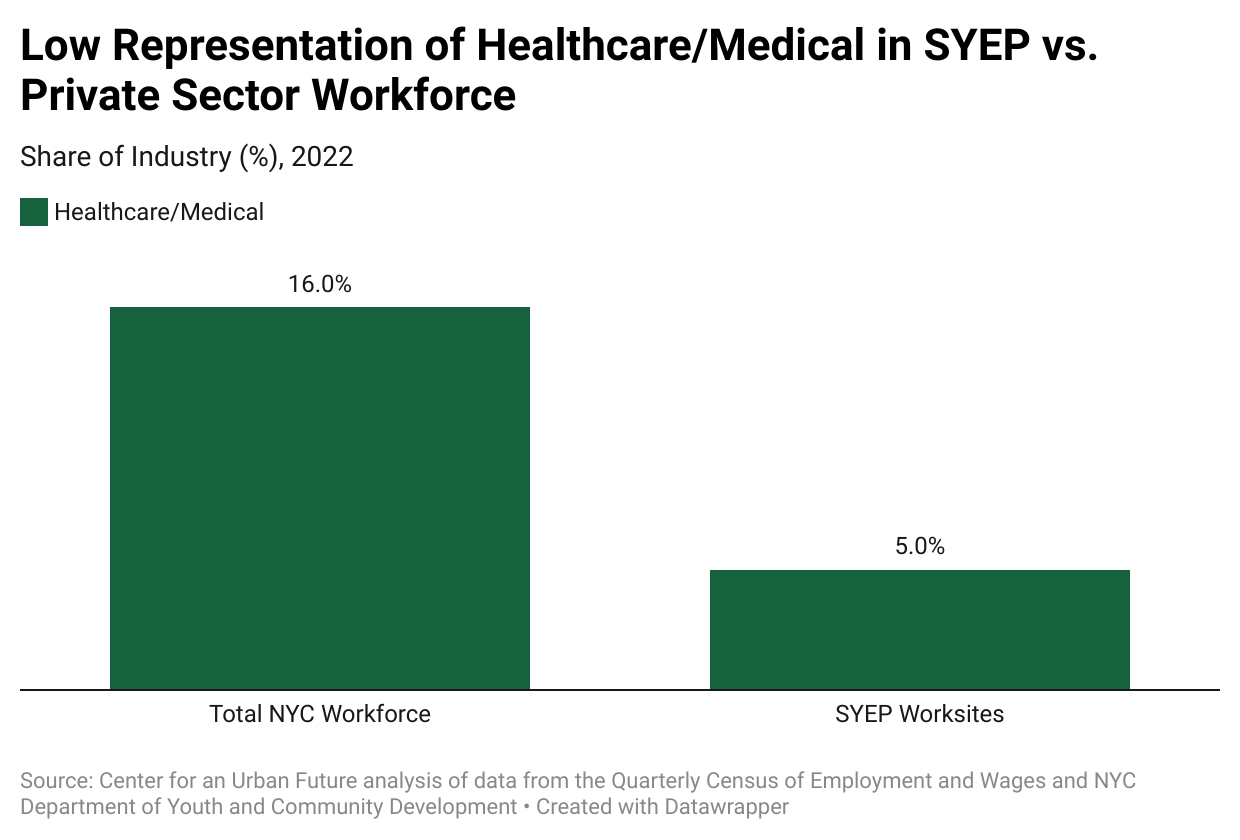 Chart titled Low Representation of Healthcare/Medical in SYEP vs. Private Sector Workforce. The chart shows in 2022, the total private sector workforce in tech was 16%. SYEP worksites in healthcare were only 5% of worksites in 2022.